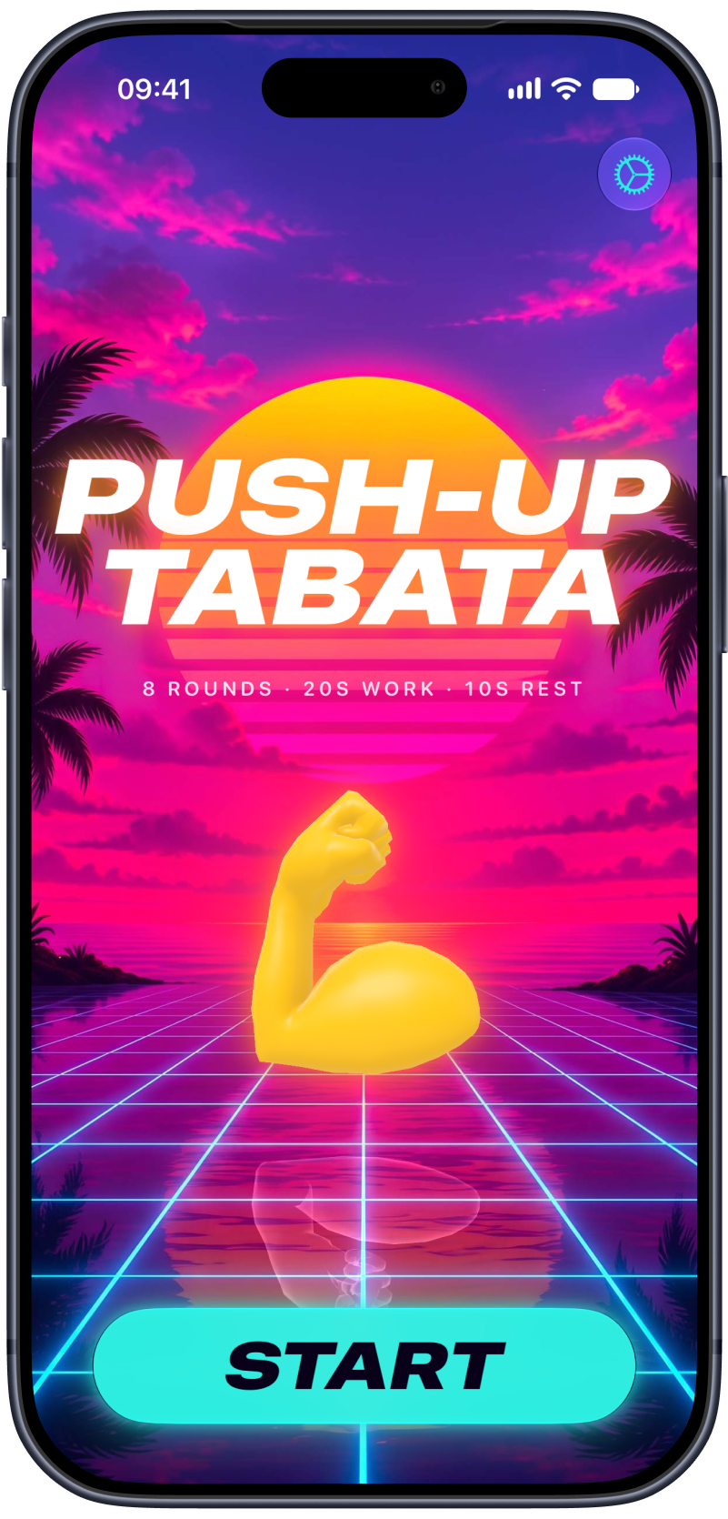 Push-Up Tabata on iPhone, showing the neon synthwave title screen with a 3D flexed arm standing on a glowing grid.